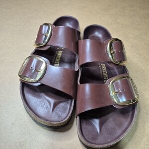 Birkenstock Dark Maroon Sandals with Gold Buckles